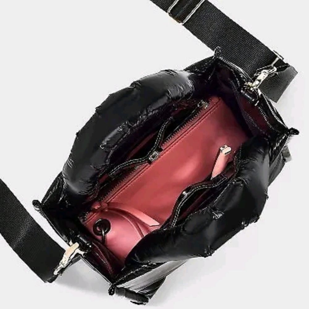 A New Day Black Puffer Mini Tote Bag Crossbody Lightweight Nylon Shoulder Purse - Picture 3 of 7